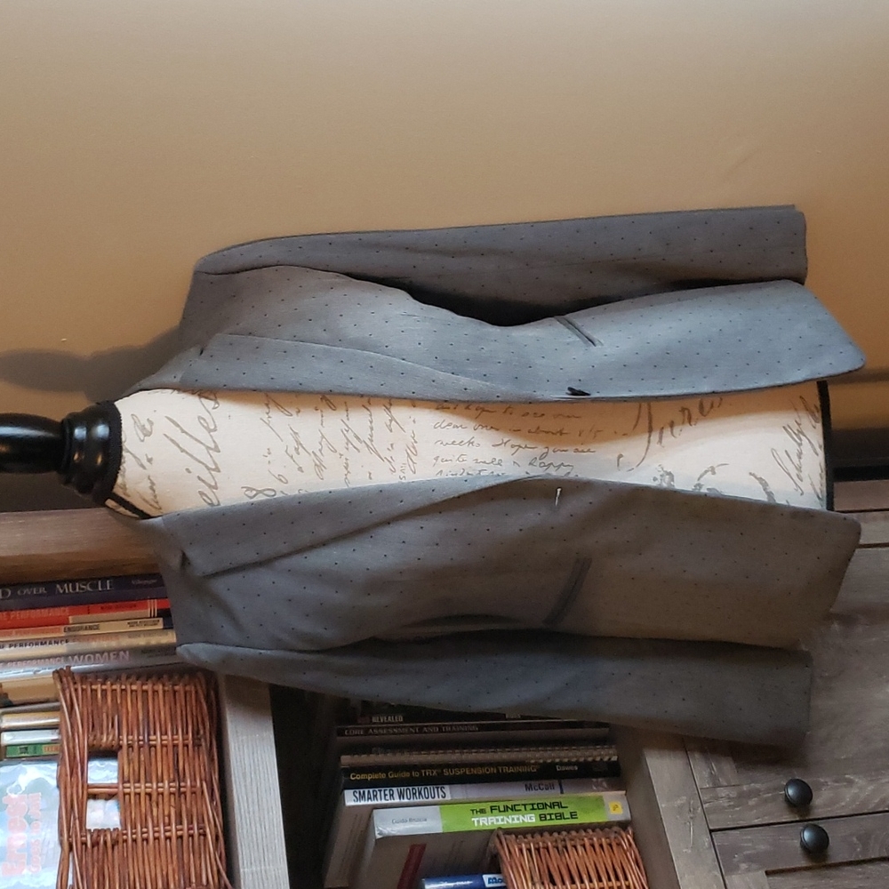 Banana Republic gray blazer with tiny black polka dots